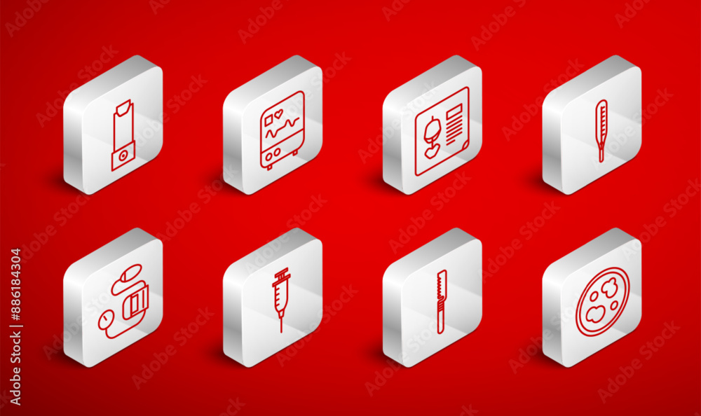 Set line Petri dish with bacteria, Monitor cardiogram, X-ray shots, Medical thermometer, saw, Inhaler, Syringe and Blood pressure icon. Vector Set line Petri dish with bacteria, Monitor cardiogram, X-ray shots, Medical thermometer, saw, Inhaler, Syringe and Blood pressure icon. Vector