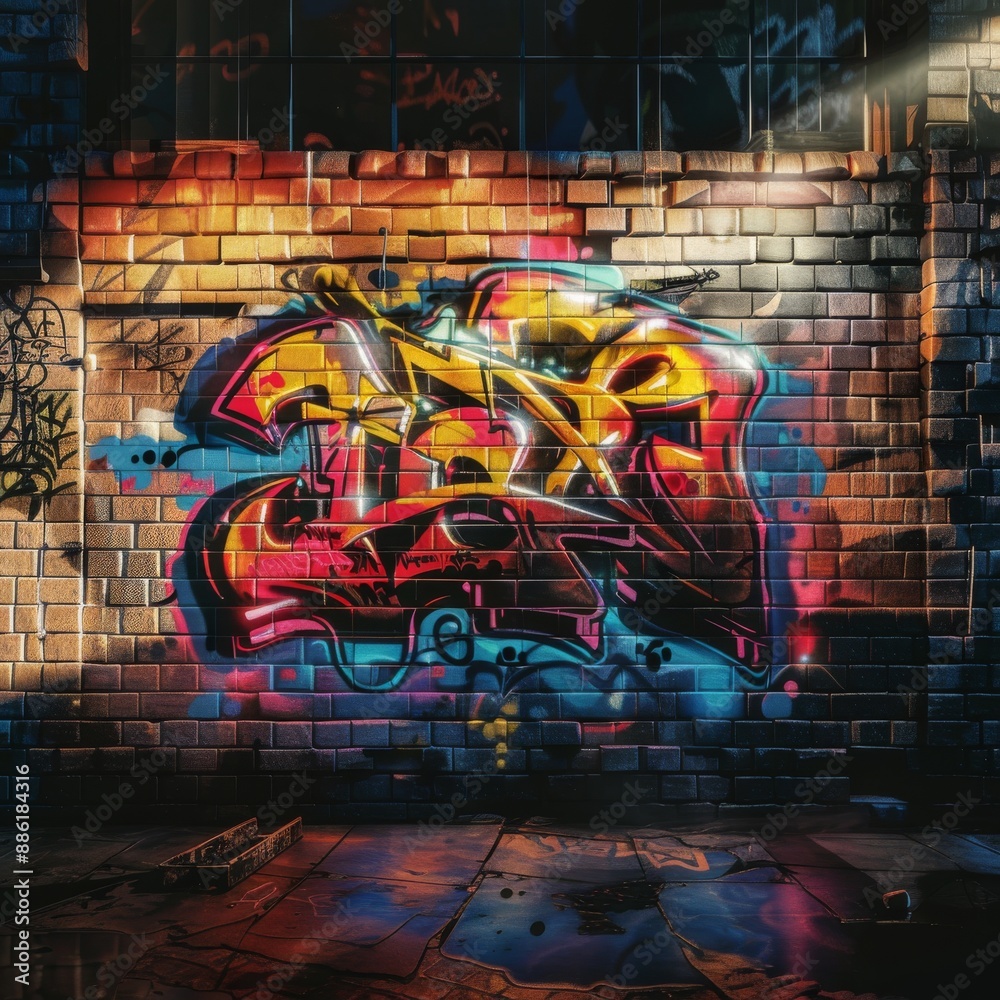 Fototapeta premium The Chinese graffiti on the wall is illustrated with granular texture and illuminating.