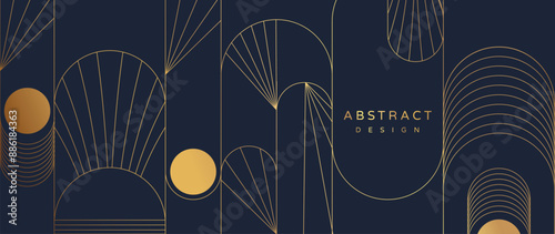 Luxury gold mono line on navy blue background vector. Abstract geometric frame and elegant art deco with delicate. Illustration design for invitation, banner, vip, interior, decoration.