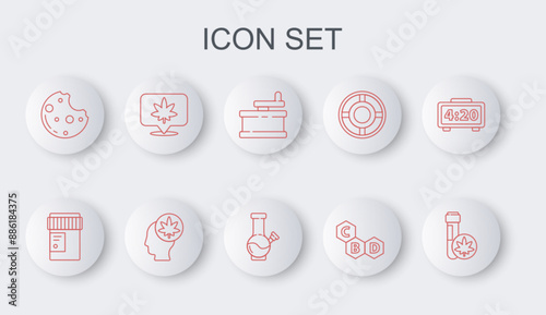 Set line Chemical test tube with marijuana, Medical bottle cannabis, Manual grinder, Cannabis molecule, Cookies, Location and, Head or and Glass bong for smoking icon. Vector