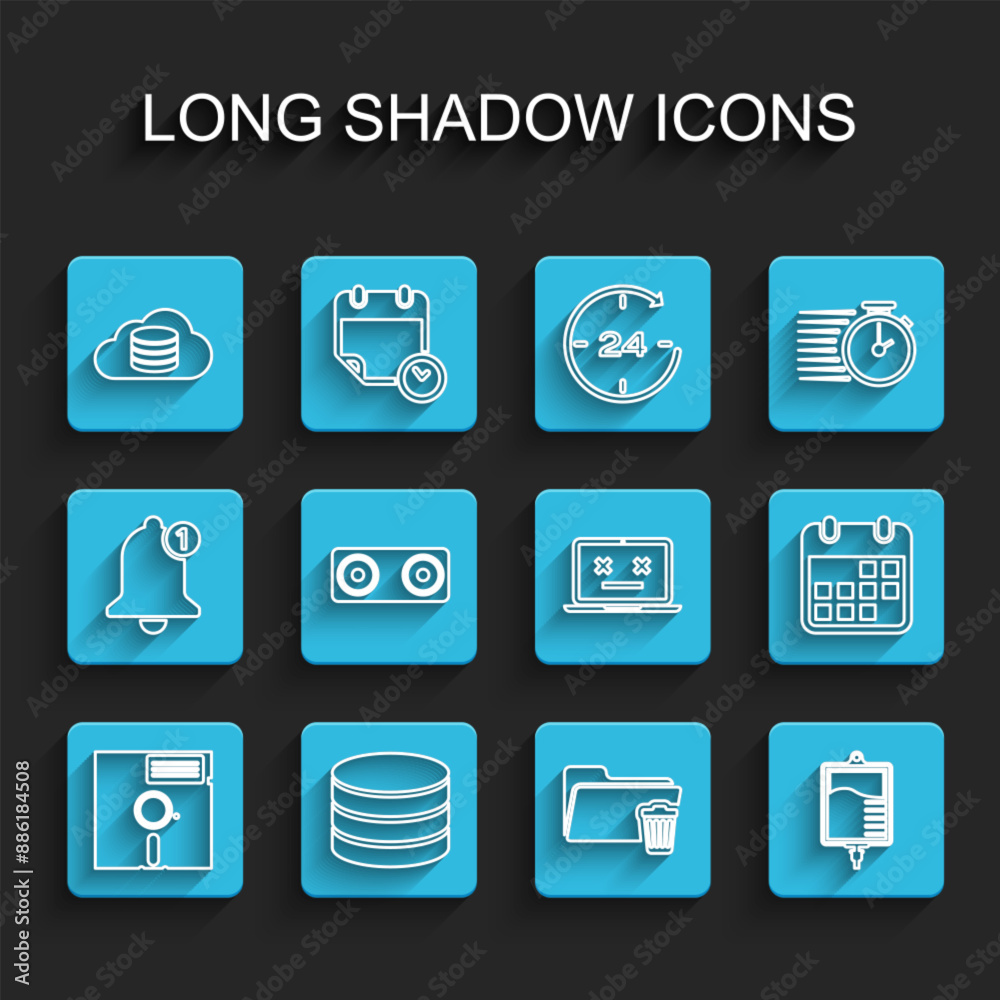 Set line Floppy disk in the 5.25-inch, Database, Cloud database, Delete folder, IV bag, Stereo speaker, Calendar and Dead laptop icon. Vector