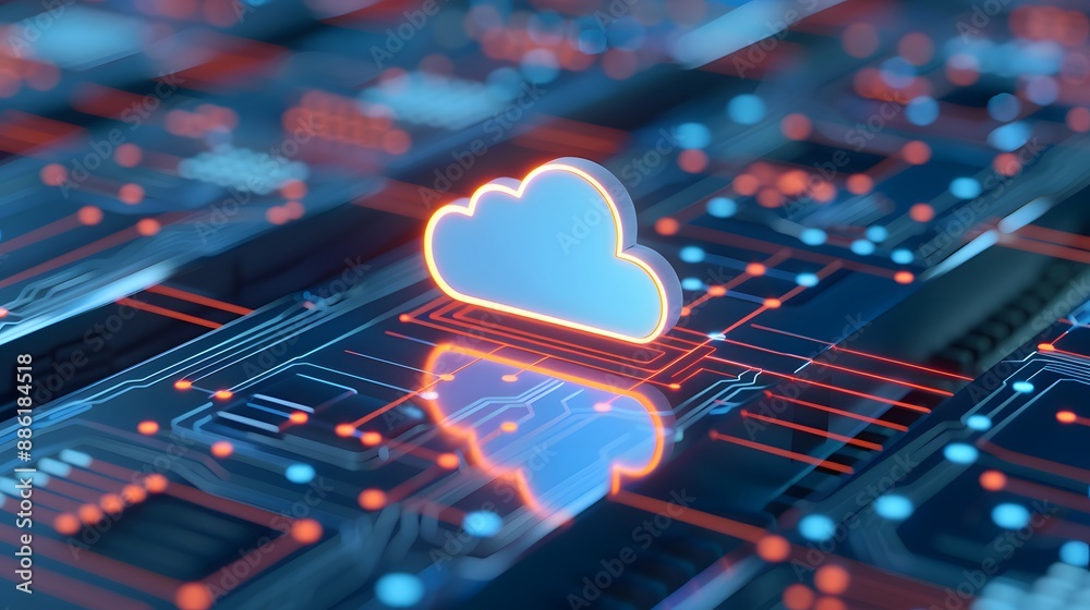 Futuristic digital circuit board with a glowing cloud icon representing cloud computing and data storage technology. 3D Illustration. Futuristic digital circuit board with a glowing cloud icon representing cloud computing and data storage technology. 3D Illustration.