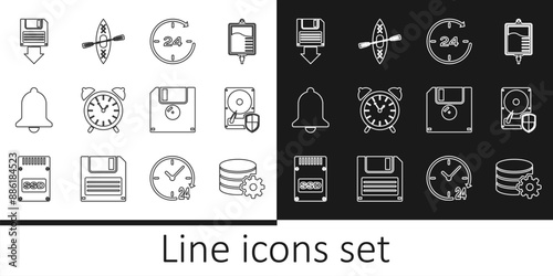 Set line Setting database server, Hard disk drive HDD protection, Clock 24 hours, Alarm clock, Ringing bell, Floppy backup, and Kayak and paddle icon. Vector