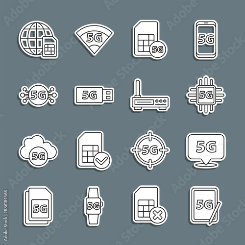 Set line Graphic tablet with 5G, Location network, Processor, Sim Card, modem, Globe and Router and wi-fi signal icon. Vector