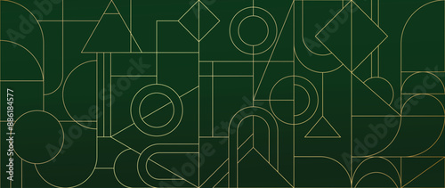 Luxury gold mono line on green background vector. Abstract geometric frame and elegant art deco with delicate. Illustration design for invitation, banner, vip, interior, decoration.