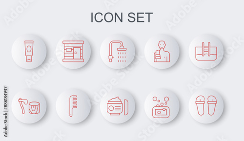 Set line Flip flops, Wooden axe in stump, Shower, Bar of soap, Cream or lotion cosmetic tube, Sauna wooden bathhouse, Hairbrush and icon. Vector