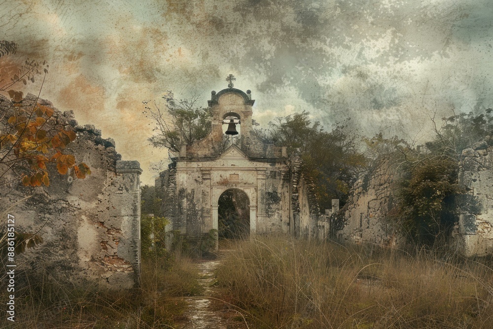 Old abandoned church being taken over by nature with tall grass growing in front Old abandoned church being taken over by nature with tall grass growing in front