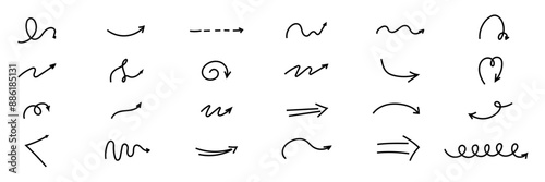 Spiral arrow doodle, wavy twist minimal squiggly line set. Curve comic turn way direction. Playful quirky simple free hand elements. 