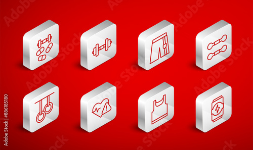 Set line Energy drink, Dumbbell, Short or pants, Sleeveless t-shirt, Sports doping with dumbbell, Heart rate and Gymnastic rings icon. Vector