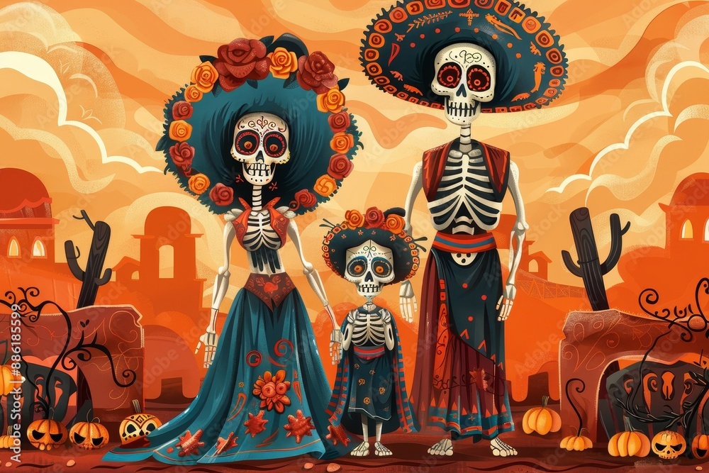 Skeleton Family Dressed in Traditional Mexican Clothing for Day of the Dead Skeleton Family Dressed in Traditional Mexican Clothing for Day of the Dead
