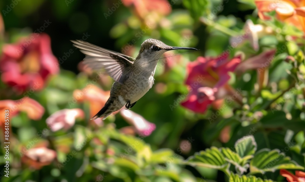 Naklejka premium Vibrant Hummingbird Amidst Colorful Blooms in a Lush Garden