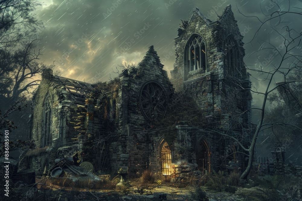 Fire burning inside an abandoned church during a dramatic rainstorm Fire burning inside an abandoned church during a dramatic rainstorm