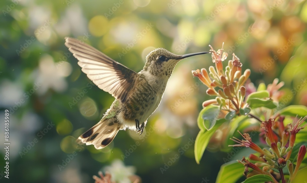 Hummingbird Hovering Near Colorful Flowers in Natural Sunlit Garden Hummingbird Hovering Near Colorful Flowers in Natural Sunlit Garden