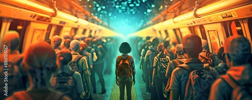 Crowded train station with a bright light at the end of the platform, making them stand out from the crowd. photo