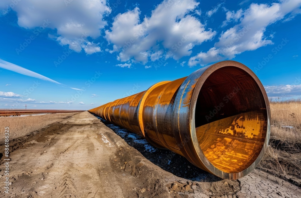 Large Industrial Pipeline Installation Under Blue Sky with Clouds