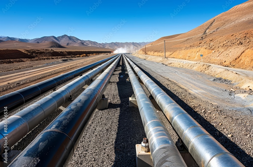 Industrial Pipelines Stretching Across Arid Landscape Under Clear Blue Sky Industrial Pipelines Stretching Across Arid Landscape Under Clear Blue Sky