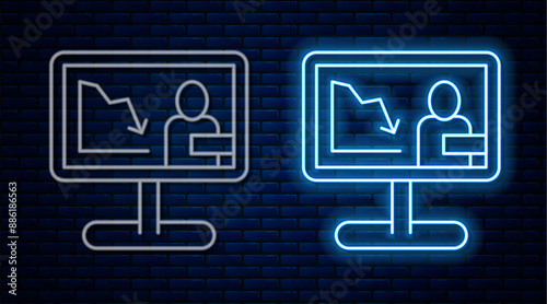Glowing neon line Global economic crisis news icon isolated on brick wall background. World finance crisis. Vector