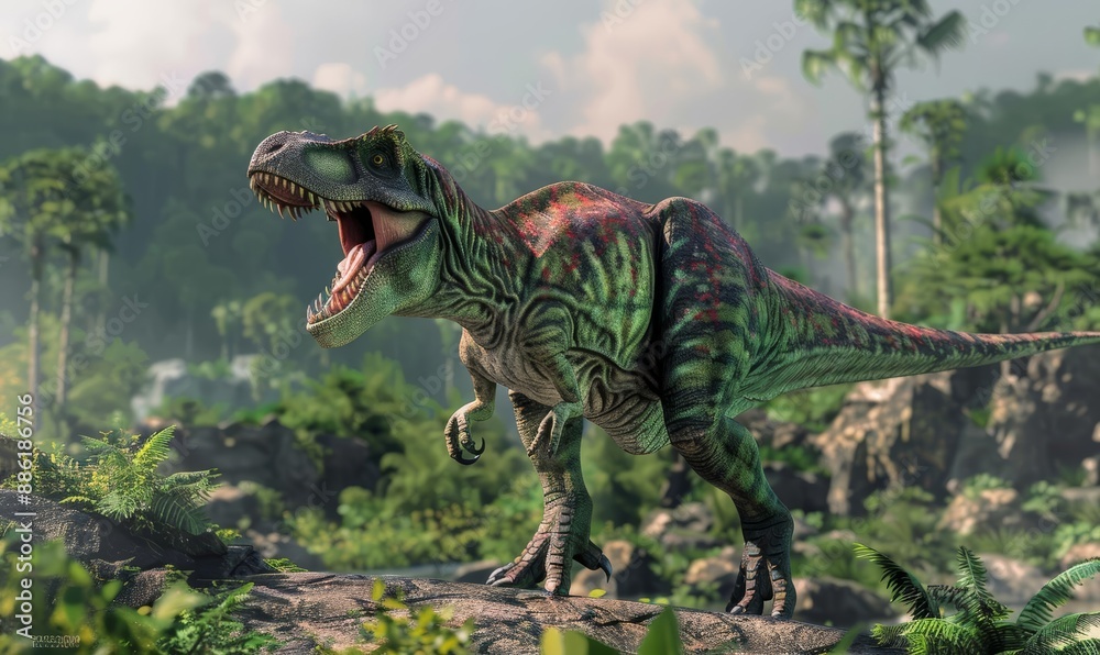 Ferocious Dinosaur in Verdant Jungle with Green and Red Color Scheme Ferocious Dinosaur in Verdant Jungle with Green and Red Color Scheme
