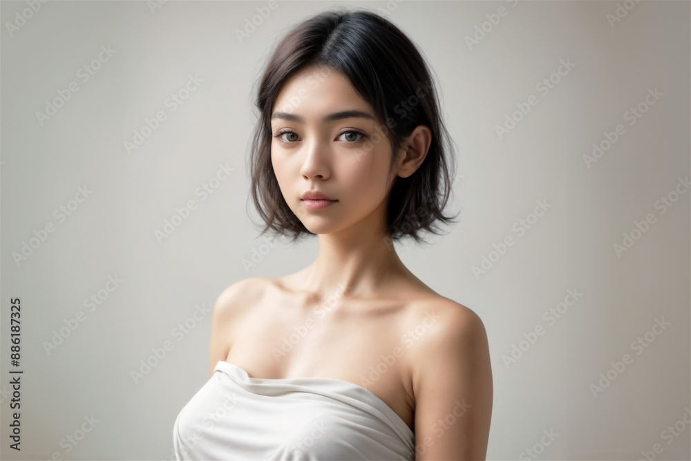 A beauty female model wearing a strapless top and looking back over her shoulder. Her hair is brown and she has a slender body. A beauty female model wearing a strapless top and looking back over her shoulder. Her hair is brown and she has a slender body.
