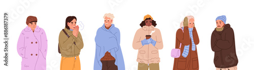 People freeze with cold weather set. Frozen men and women in outerwear, warm outfit, winter clothes shiver, shake with frost, low temperature. Flat isolated vector illustrations on white background