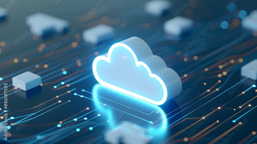 Futuristic glowing cloud icon over a circuit board, symbolizing technology, data storage, and cloud computing. High-tech abstract background. 3D Illustration. Futuristic glowing cloud icon over a circuit board, symbolizing technology, data storage, and cloud computing. High-tech abstract background. 3D Illustration.