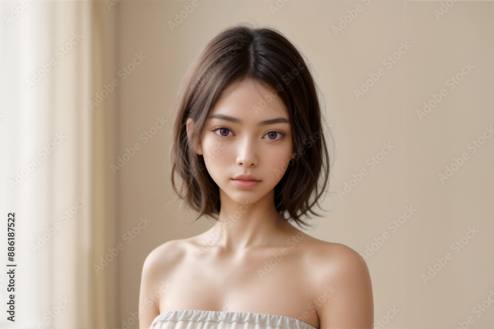 A beauty female model wearing a strapless top and looking back over her shoulder. Her hair is brown and she has a slender body. A beauty female model wearing a strapless top and looking back over her shoulder. Her hair is brown and she has a slender body.