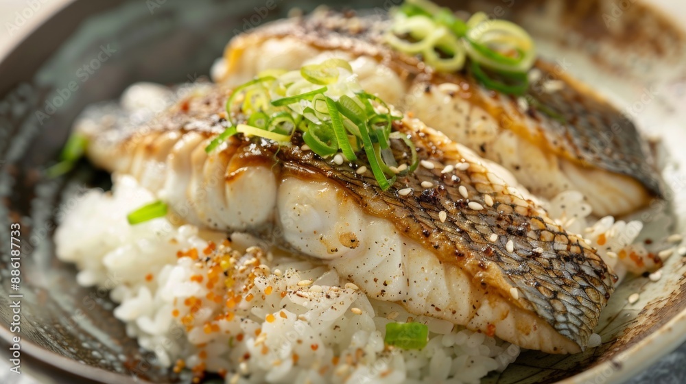 The national cuisine of Japan. Fried sea bass with garlic rice.