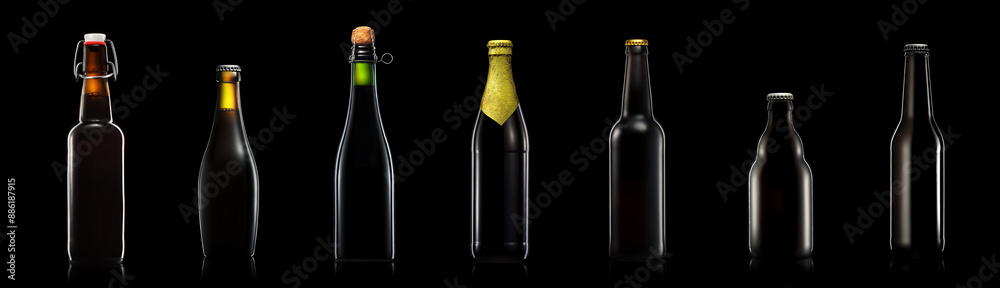 Set of bottle of beer or cider isolated on black background Set of bottle of beer or cider isolated on black background