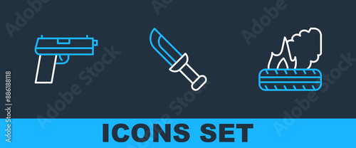 Set line Lying burning tires, Pistol or gun and Military knife icon. Vector