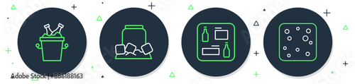 Set line Cold beer can, Beer menu, bottles in ice bucket and bubbles icon. Vector