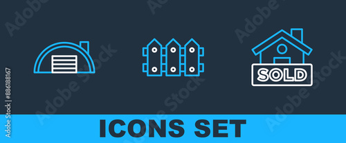 Set line Hanging sign with text Sold, Warehouse and Garden fence wooden icon. Vector