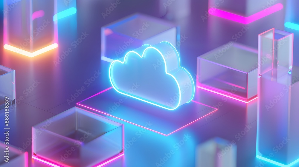 Futuristic neon cloud architecture representing cloud computing technology and data storage with vibrant glowing elements. 3D Illustration. Futuristic neon cloud architecture representing cloud computing technology and data storage with vibrant glowing elements. 3D Illustration.