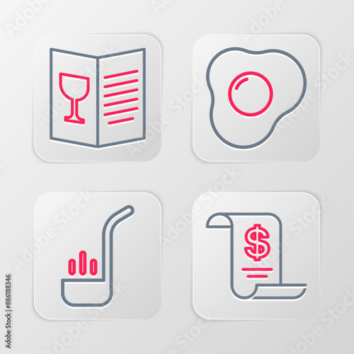 Set line Paper or financial check, Kitchen ladle, Scrambled eggs and Restaurant cafe menu icon. Vector