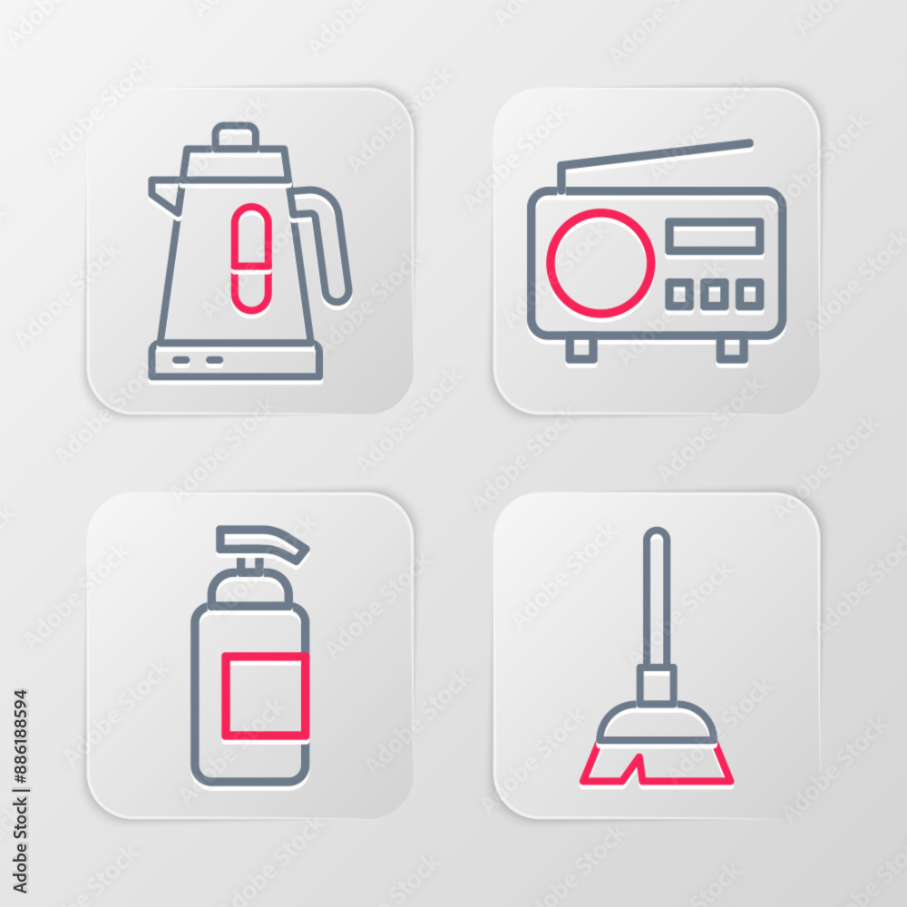 Set line Handle broom, Antibacterial soap, Radio and Electric kettle icon. Vector Set line Handle broom, Antibacterial soap, Radio and Electric kettle icon. Vector