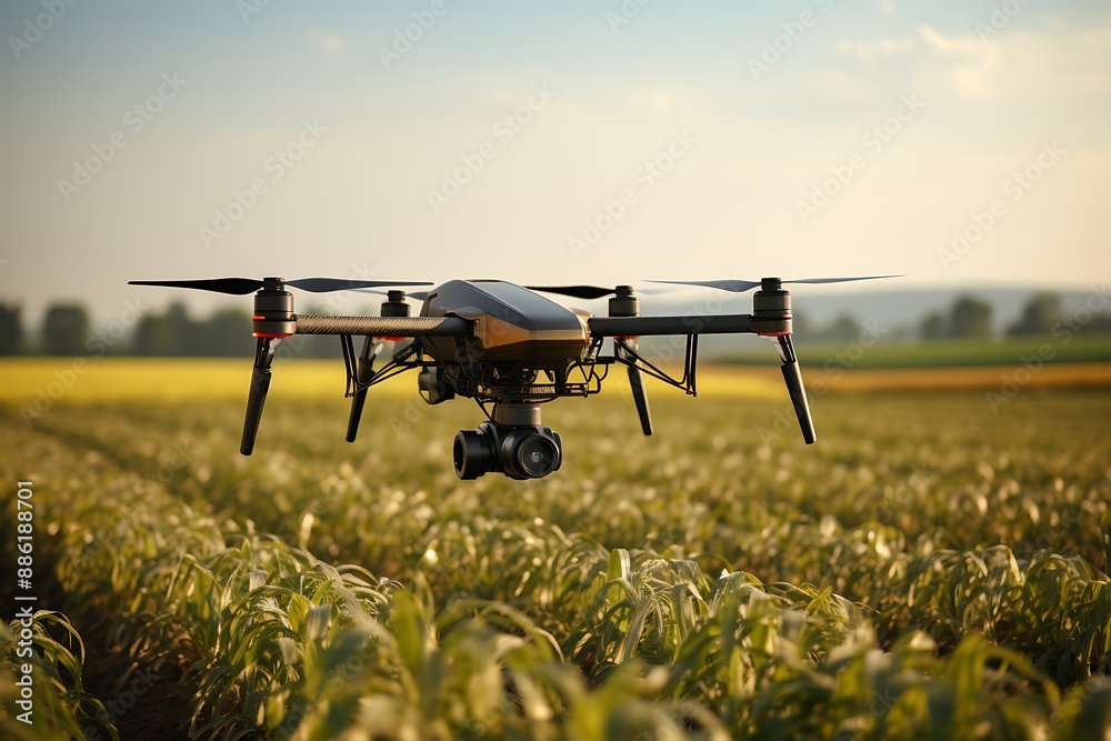 Drone with digital camera flying over a field of yellow flowers. Drone with digital camera flying over a field of yellow flowers.