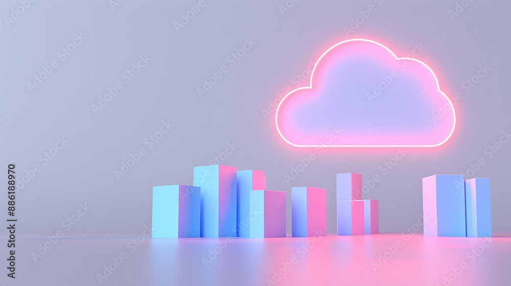Futuristic neon cloud hovering above pastel-colored blocks representing technology, digital innovation, and cloud computing in a modern setting. 3D Illustration. Futuristic neon cloud hovering above pastel-colored blocks representing technology, digital innovation, and cloud computing in a modern setting. 3D Illustration.