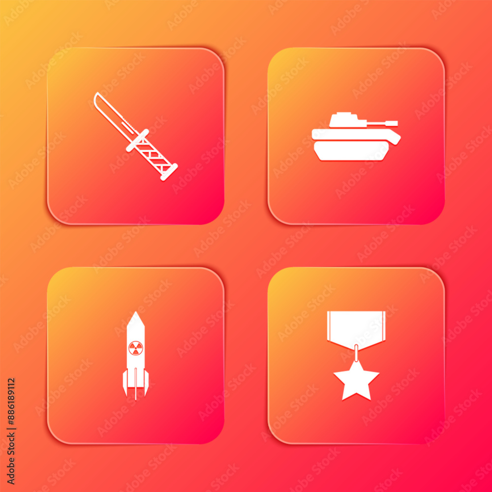 Set Military knife, tank, Nuclear rocket and reward medal icon. Vector Set Military knife, tank, Nuclear rocket and reward medal icon. Vector