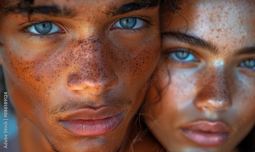 Close-up Portrait of Freckled Faces with Intense Blue Eyes Close-up Portrait of Freckled Faces with Intense Blue Eyes