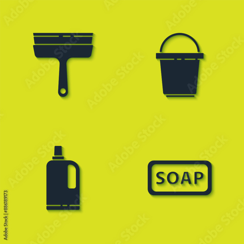 Set Rubber cleaner for windows, Bar of soap, Fabric softener and Bucket icon. Vector