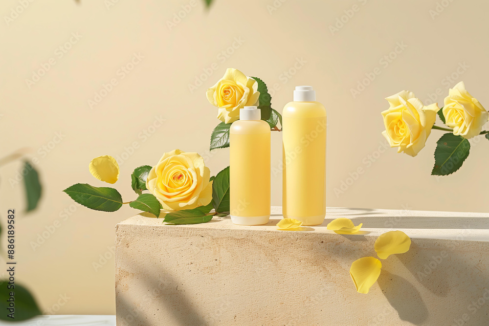 two yellow shampoo bottles with white caps, on top there are yellow rose flowers and leaves around the products, on a stone platform on a light background, with soft pastel colors two yellow shampoo bottles with white caps, on top there are yellow rose flowers and leaves around the products, on a stone platform on a light background, with soft pastel colors