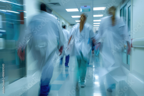 Doctors and medical staff walk down in hospital, Busy corridor in medical clinic with motion blur effect