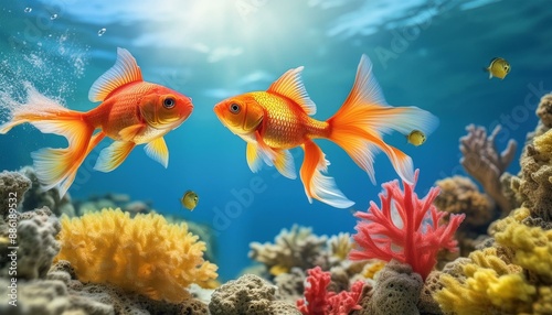 Playful Goldfish in a Sea of Color: Leaping Among Coral and Sponges" "Joyful Dance of Goldfish: Vibrant Coral Reef Serenity"