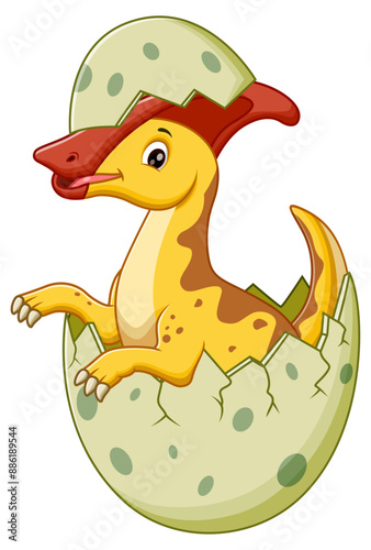 Cartoon Baby Parasaurolophus Hatching From Egg. Animal Nature Icon Concept Isolated Premium Vector. Vector Illustration
