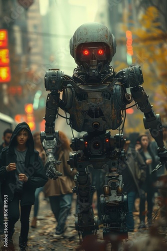 Dystopian Robot with Red Eyes in Urban Street Scene