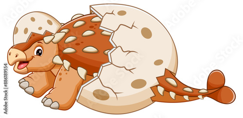 Cartoon Baby Ankylosaurus Hatching From Egg. Animal Nature Icon Concept Isolated Premium Vector. Vector Illustration