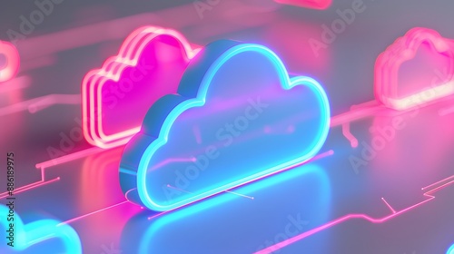 Futuristic neon glowing cloud icons on a reflective surface representing cloud computing technology and digital data storage. 3D Illustration.