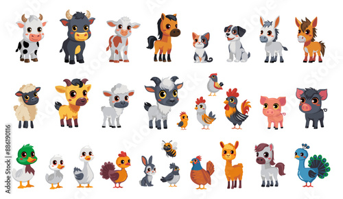 Big set funny vector Illustrations of farmyard animals for kids, posters, logo