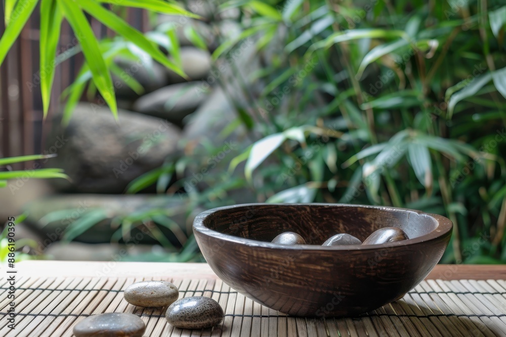 Bamboo grove surrounding bowl of rocks on mat background with blank space for text, zen garden concept photo