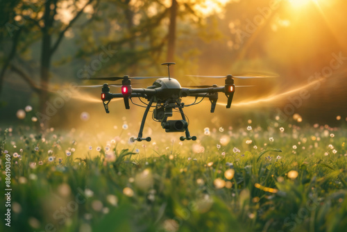 Modern technologies agriculture.  industrial drone flies over green field sprays useful pesticides