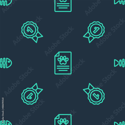Set line Clinical record pet, Dog award symbol and Fish skeleton on seamless pattern. Vector